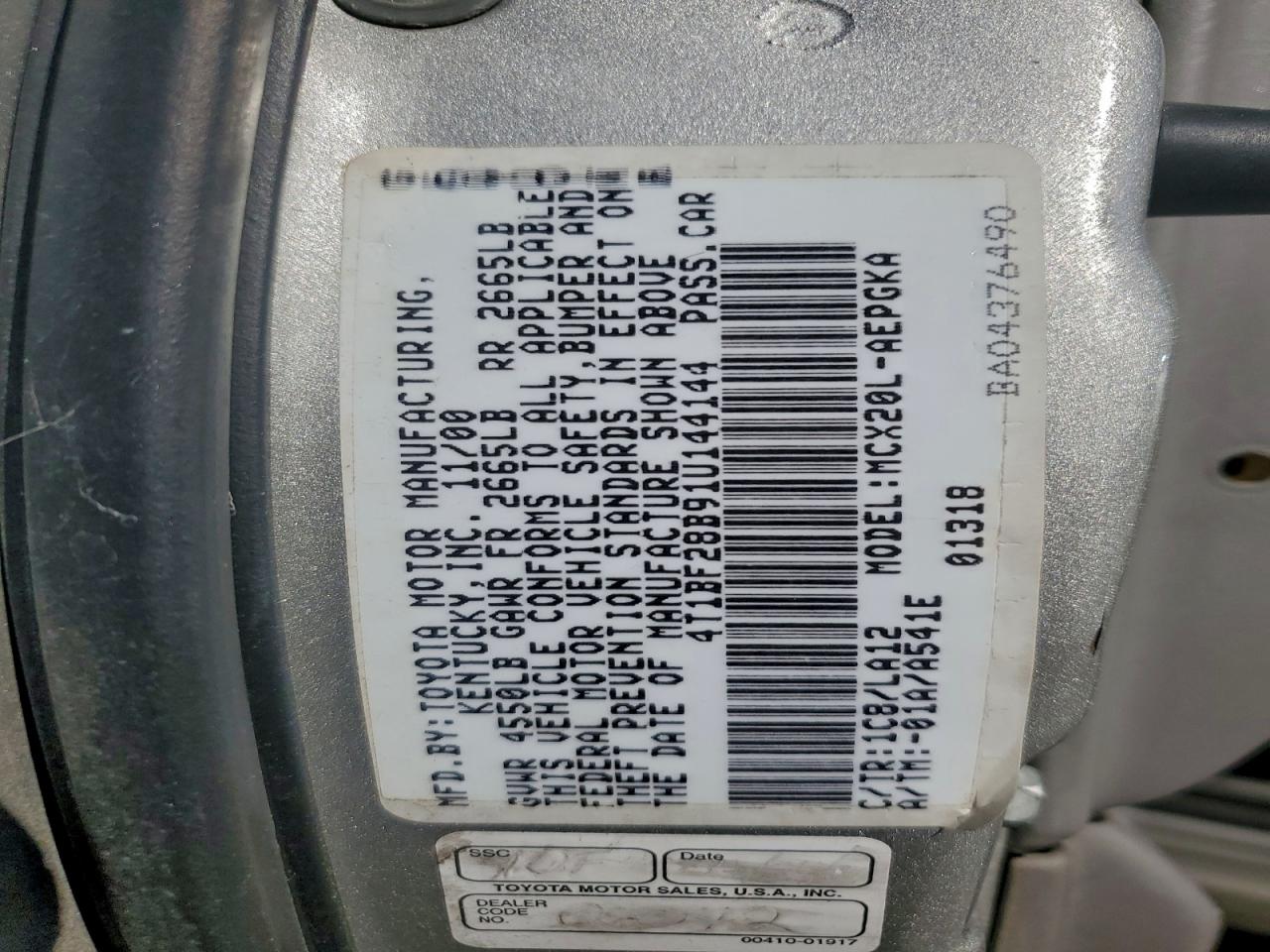 2001 Toyota Avalon Xl VIN: 4T1BF28B91U144144 Lot: 94435145