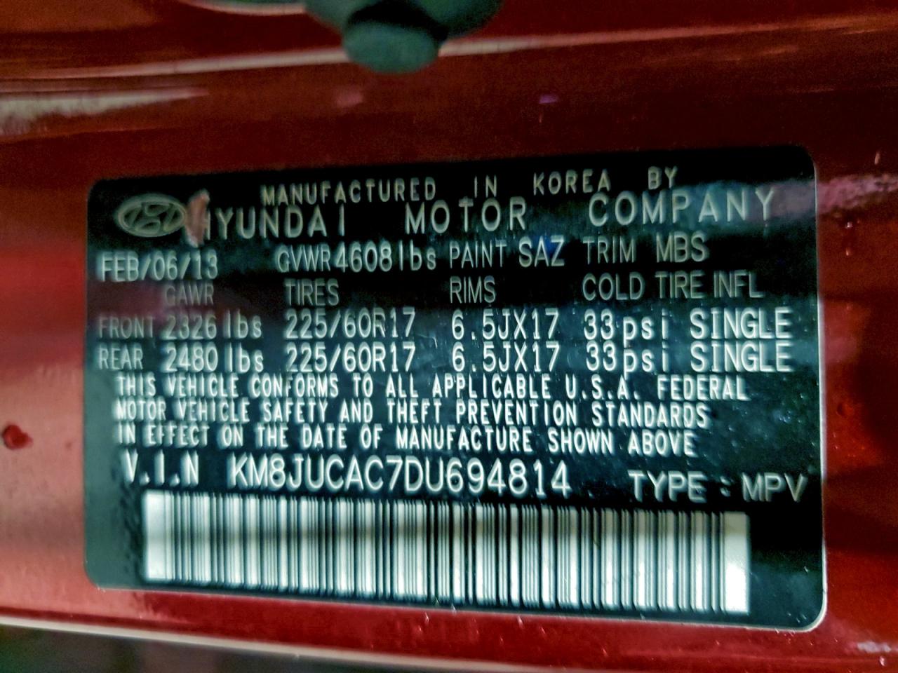 2013 Hyundai Tucson Gls VIN: KM8JUCAC7DU694814 Lot: 94865875