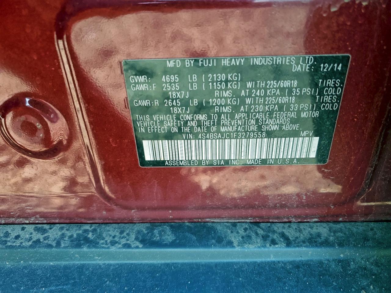 2015 Subaru Outback 2.5I Limited VIN: 4S4BSAJC1F3279558 Lot: 94784705