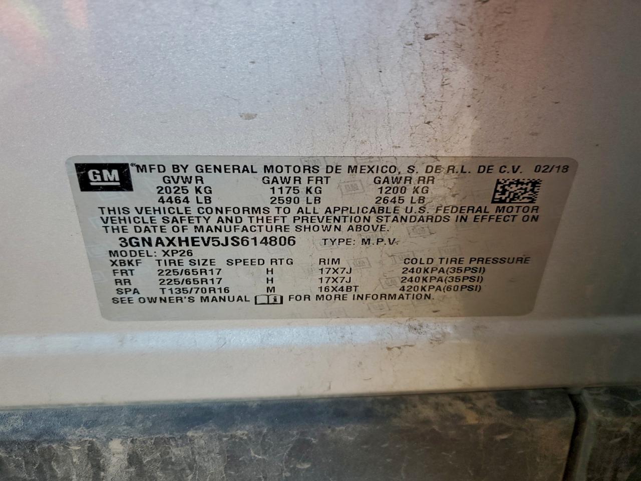 2018 Chevrolet Equinox Ls VIN: 3GNAXHEV5JS614806 Lot: 94255575