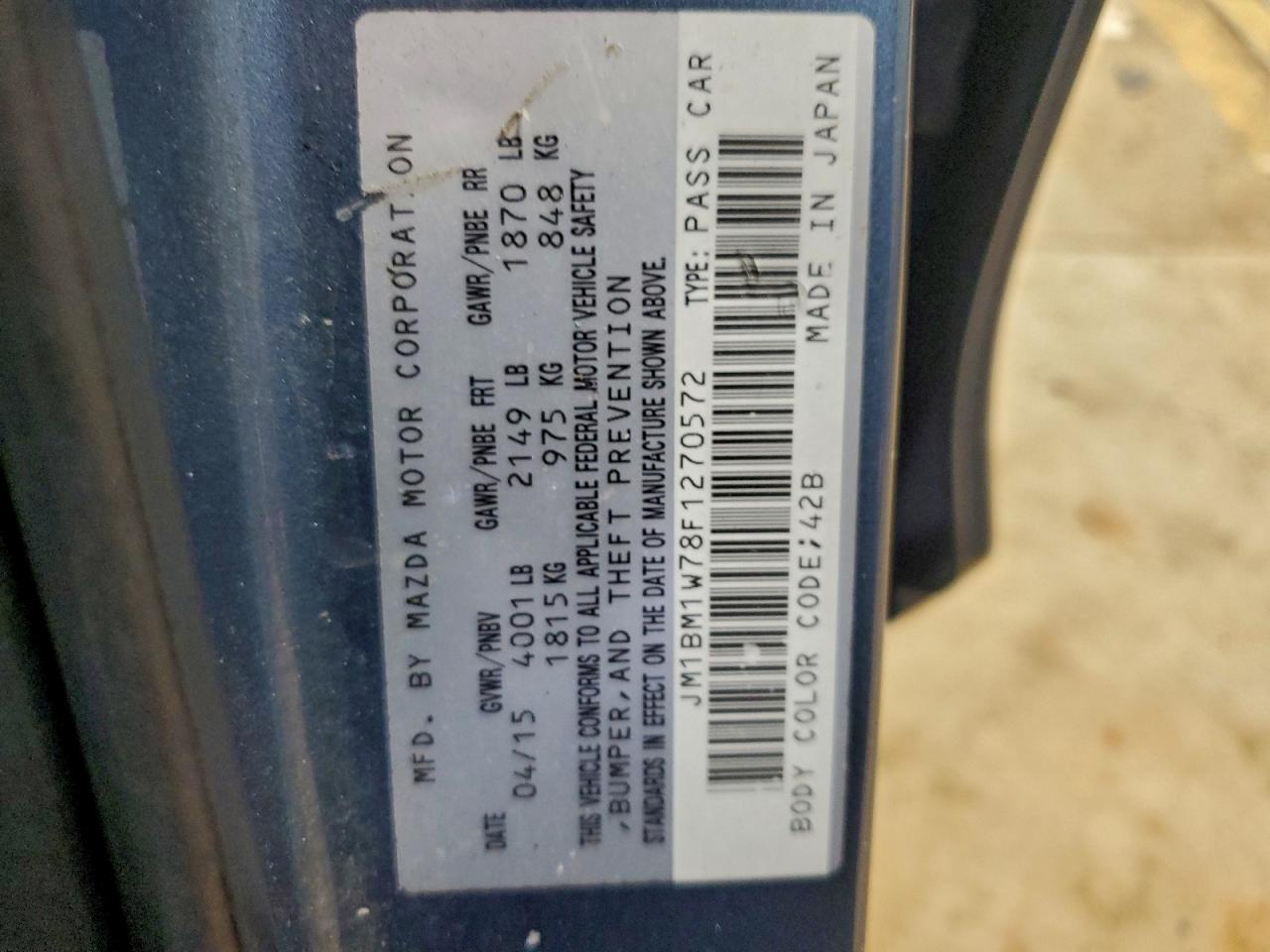 2015 Mazda 3 Grand Touring VIN: JM1BM1W78F1270572 Lot: 93844565