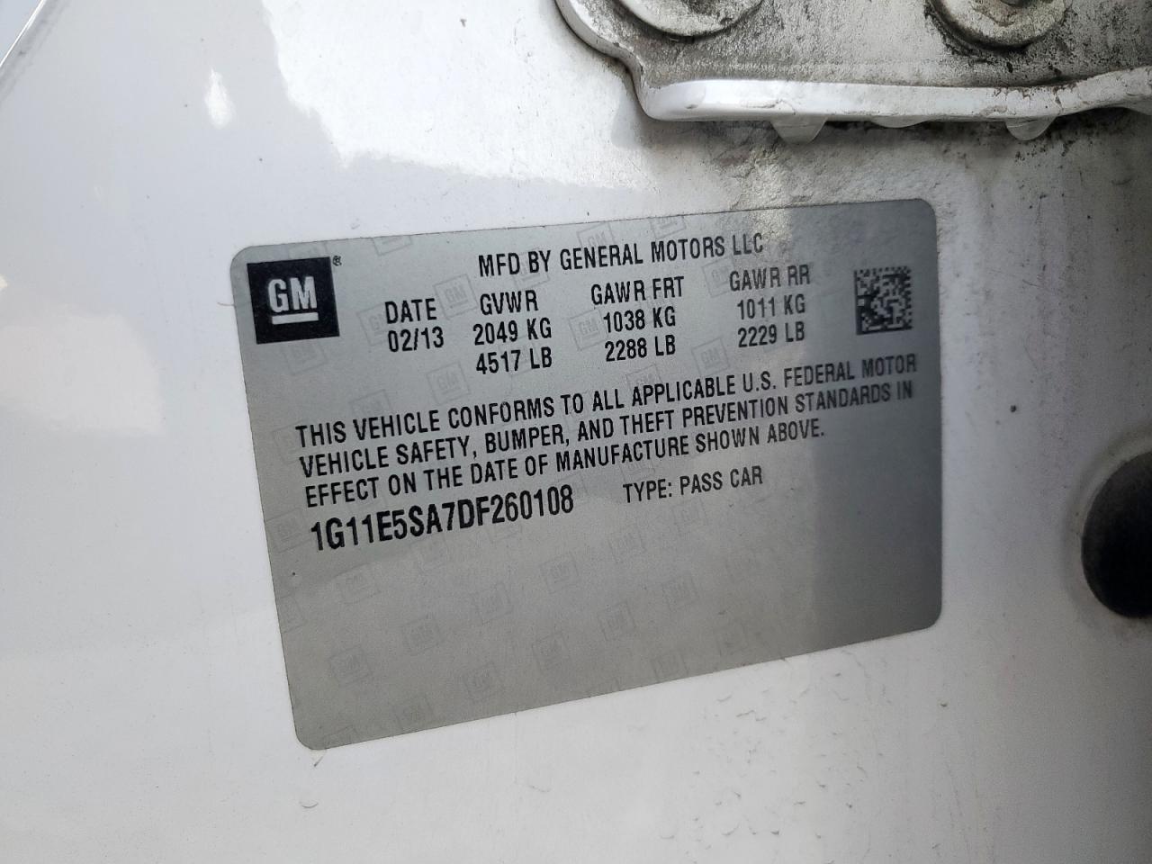 2013 Chevrolet Malibu 2Lt VIN: 1G11E5SA7DF260108 Lot: 92938835