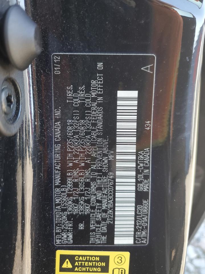 2012 Lexus Rx 350 VIN: 2T2ZK1BA3CC076749 Lot: 92488025