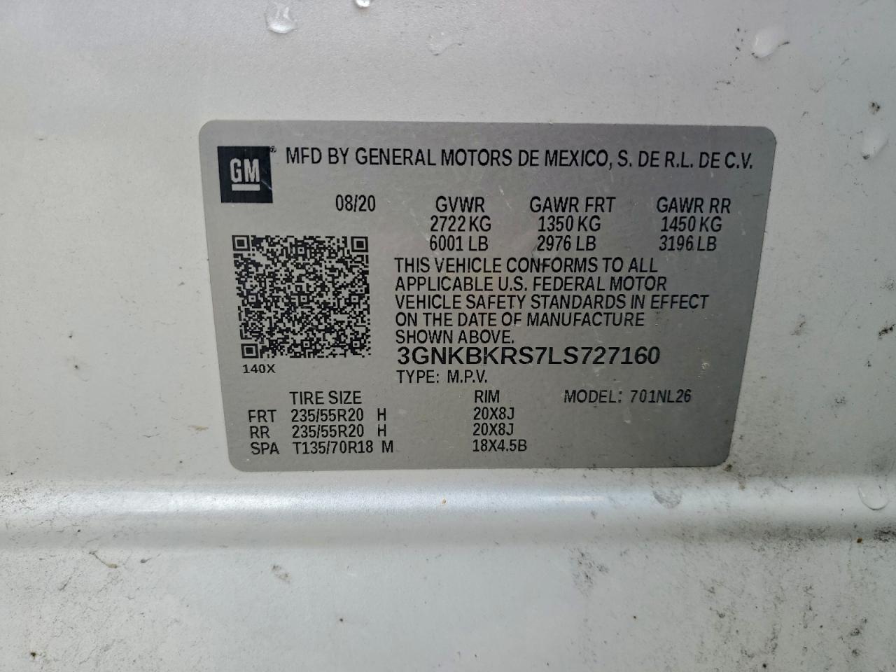 2020 Chevrolet Blazer Rs VIN: 3GNKBKRS7LS727160 Lot: 93905405