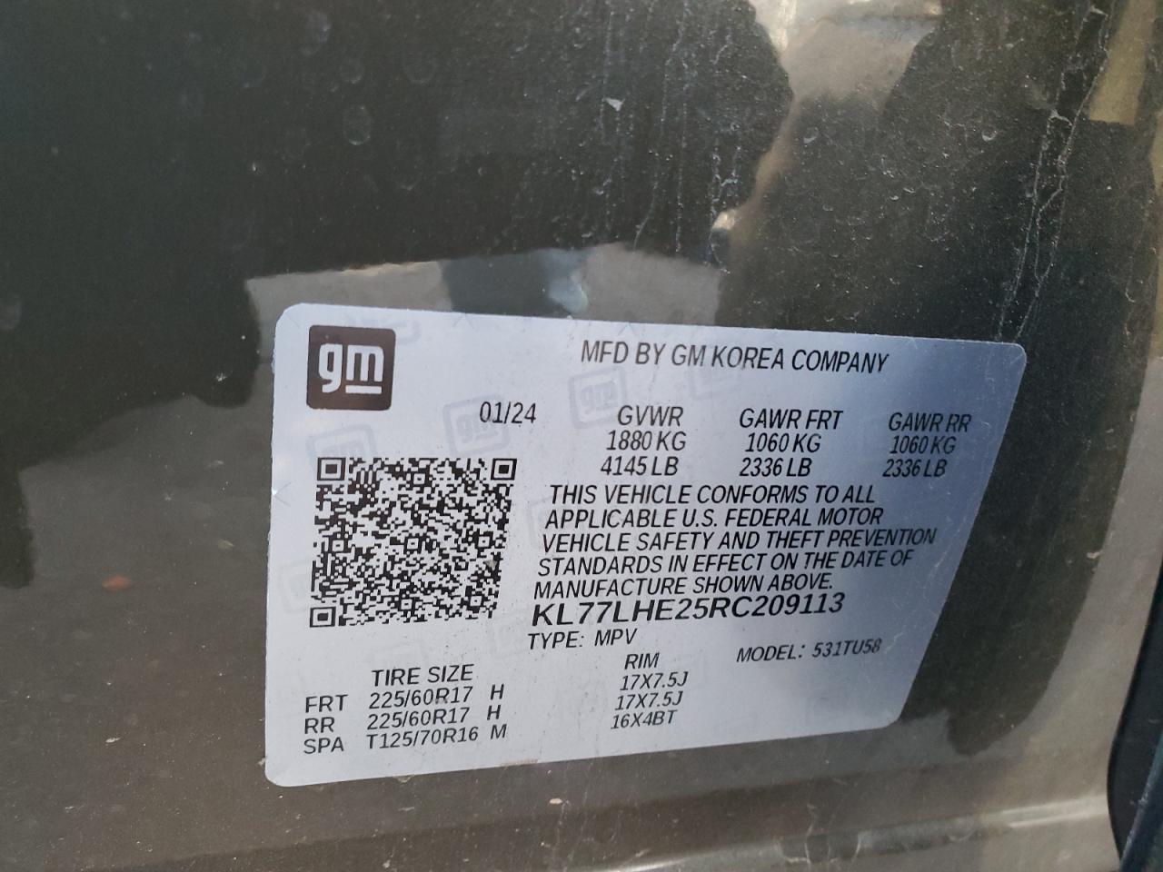 2024 Chevrolet Trax 1Lt VIN: KL77LHE25RC209113 Lot: 93066655