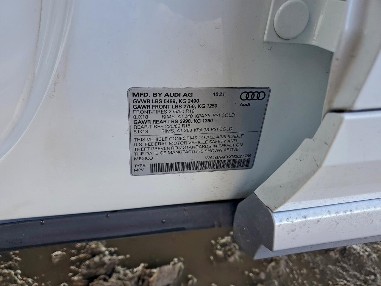 2022 Audi Q5 Premium 45 VIN: WA1GAAFYXN2027789 Lot: 94351475