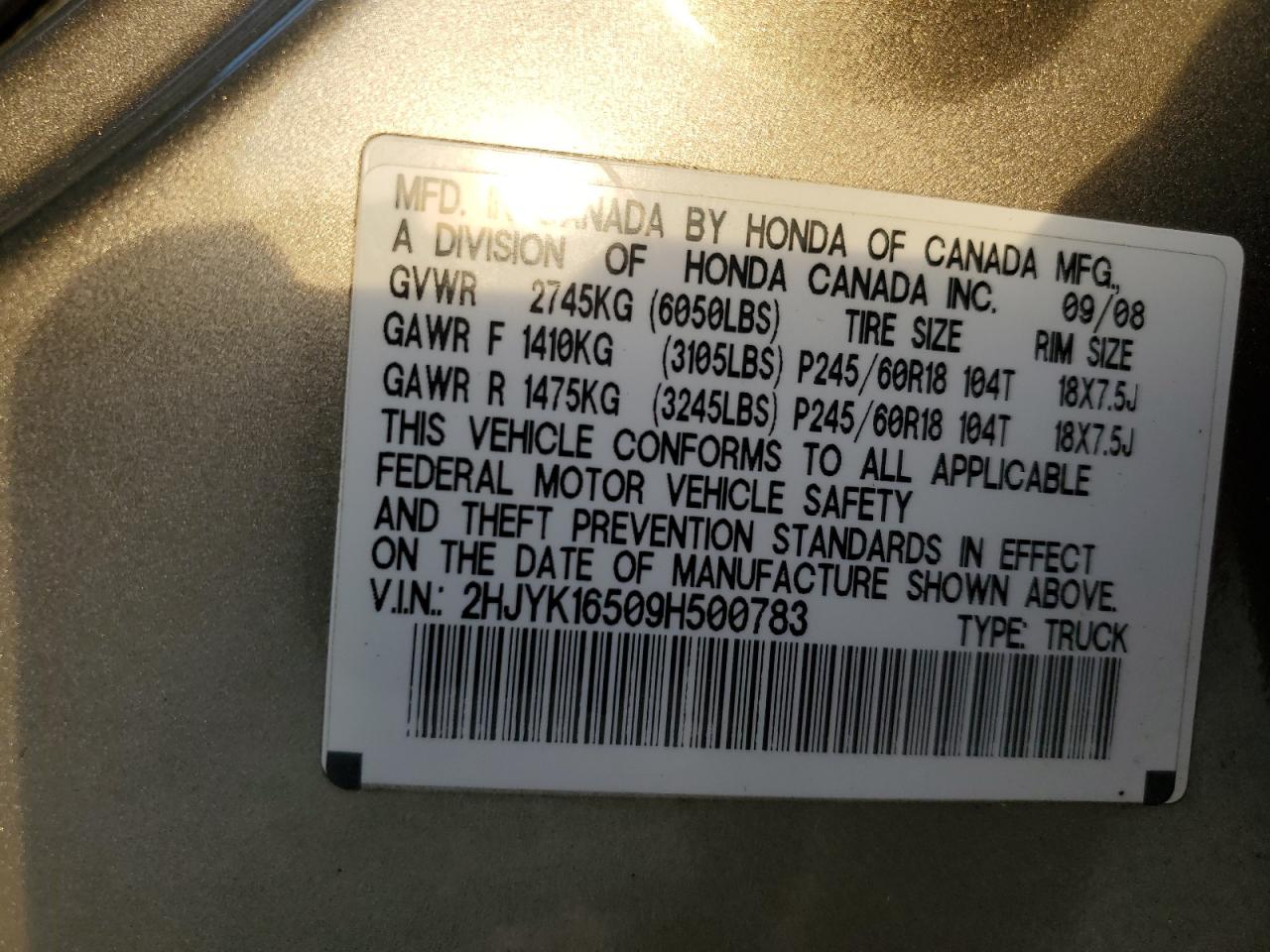2009 Honda Ridgeline Rtl VIN: 2HJYK16509H500783 Lot: 92226215