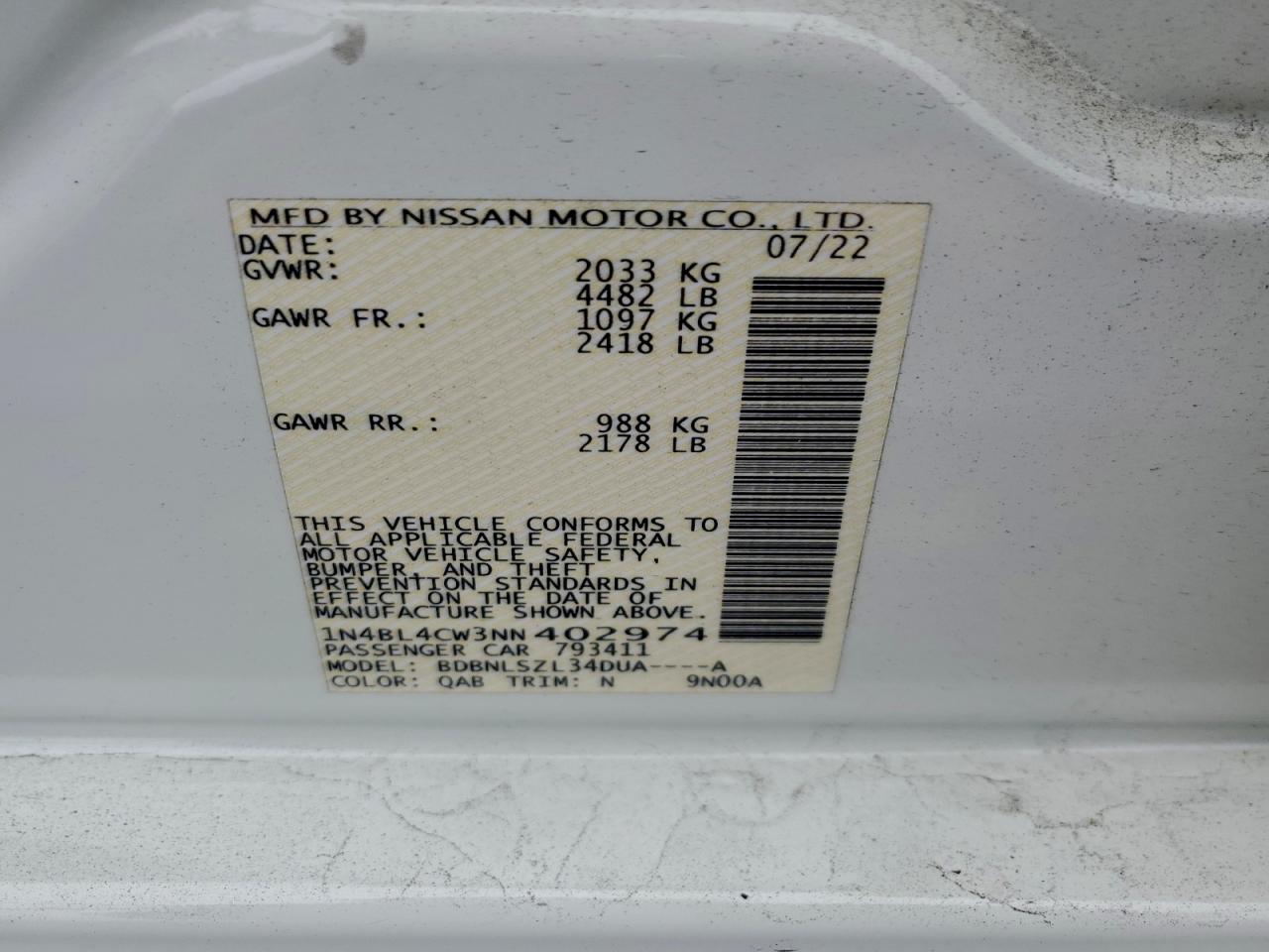 2022 Nissan Altima Sr VIN: 1N4BL4CW3NN402974 Lot: 93738365