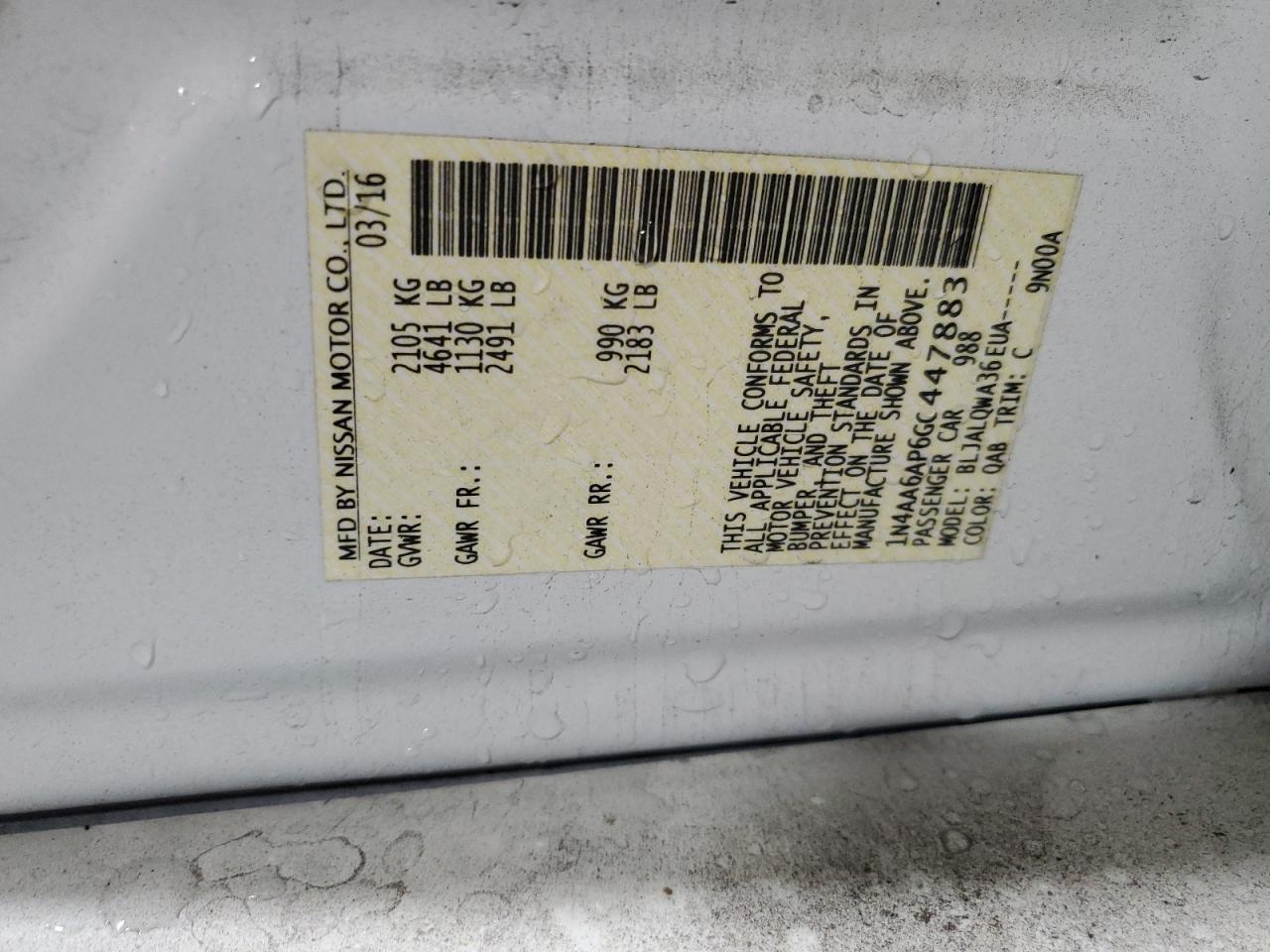 2016 Nissan Maxima 3.5S VIN: 1N4AA6AP6GC447883 Lot: 92752815