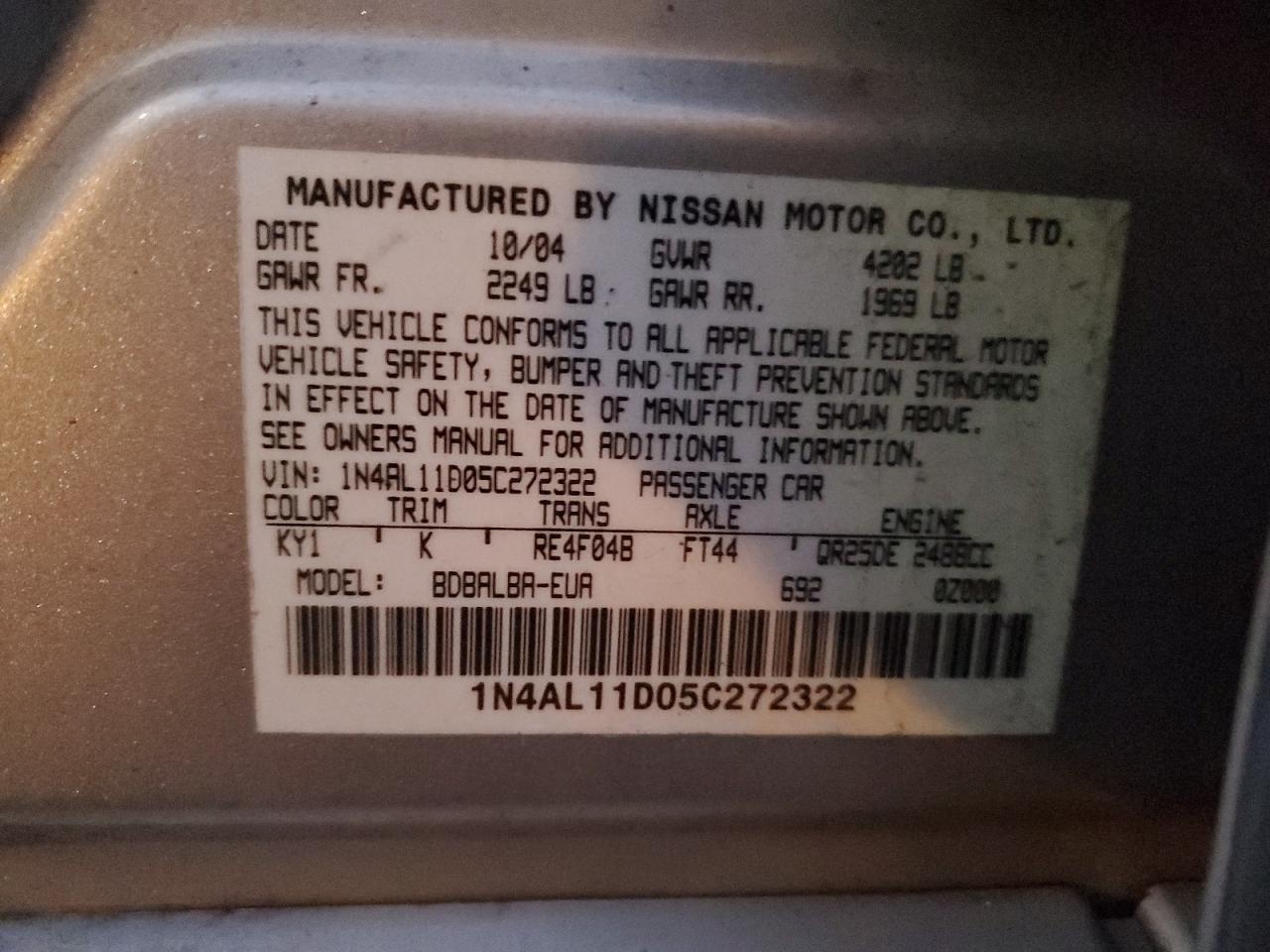 2005 Nissan Altima S VIN: 1N4AL11D05C272322 Lot: 91886645