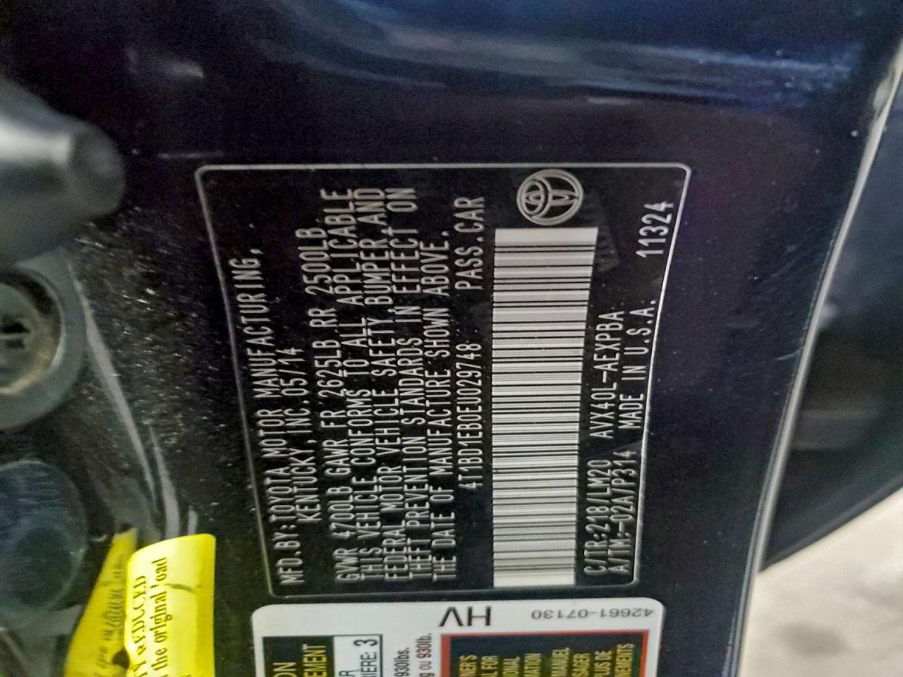 2014 Toyota Avalon Hybrid VIN: 4T1BD1EB0EU029748 Lot: 94284755