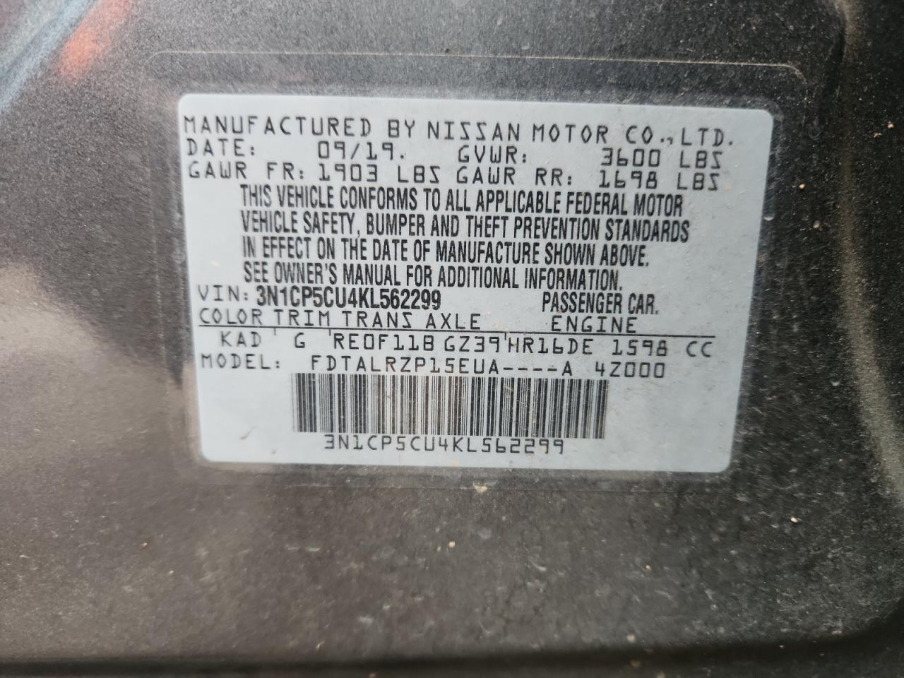 2019 Nissan Kicks S VIN: 3N1CP5CU4KL562299 Lot: 93907455