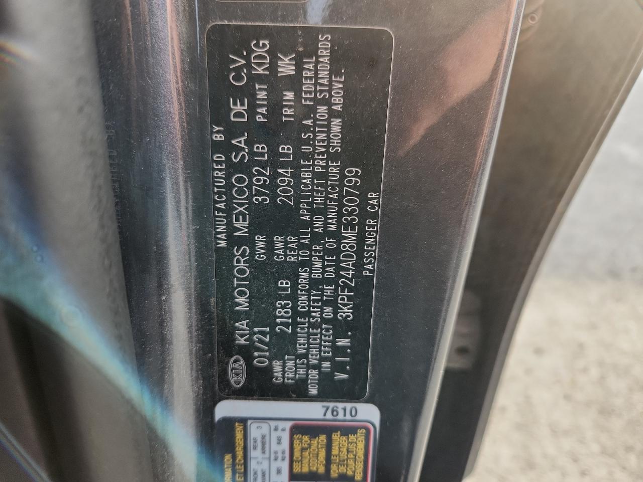 2021 Kia Forte Fe VIN: 3KPF24AD8ME330799 Lot: 93392995