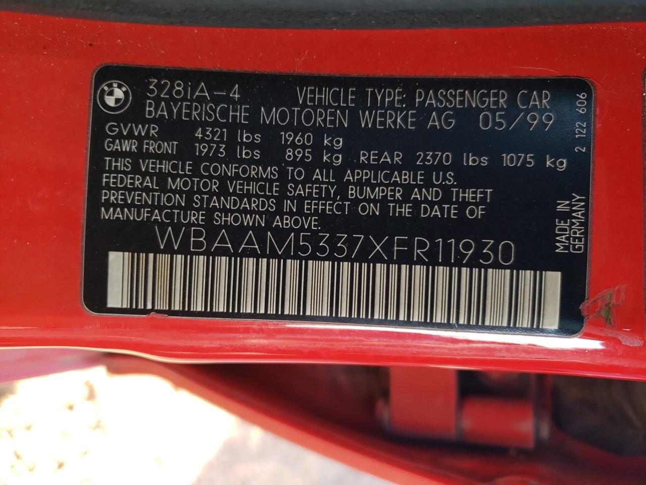 1999 BMW 328 I Automatic VIN: WBAAM5337XFR11930 Lot: 92513255