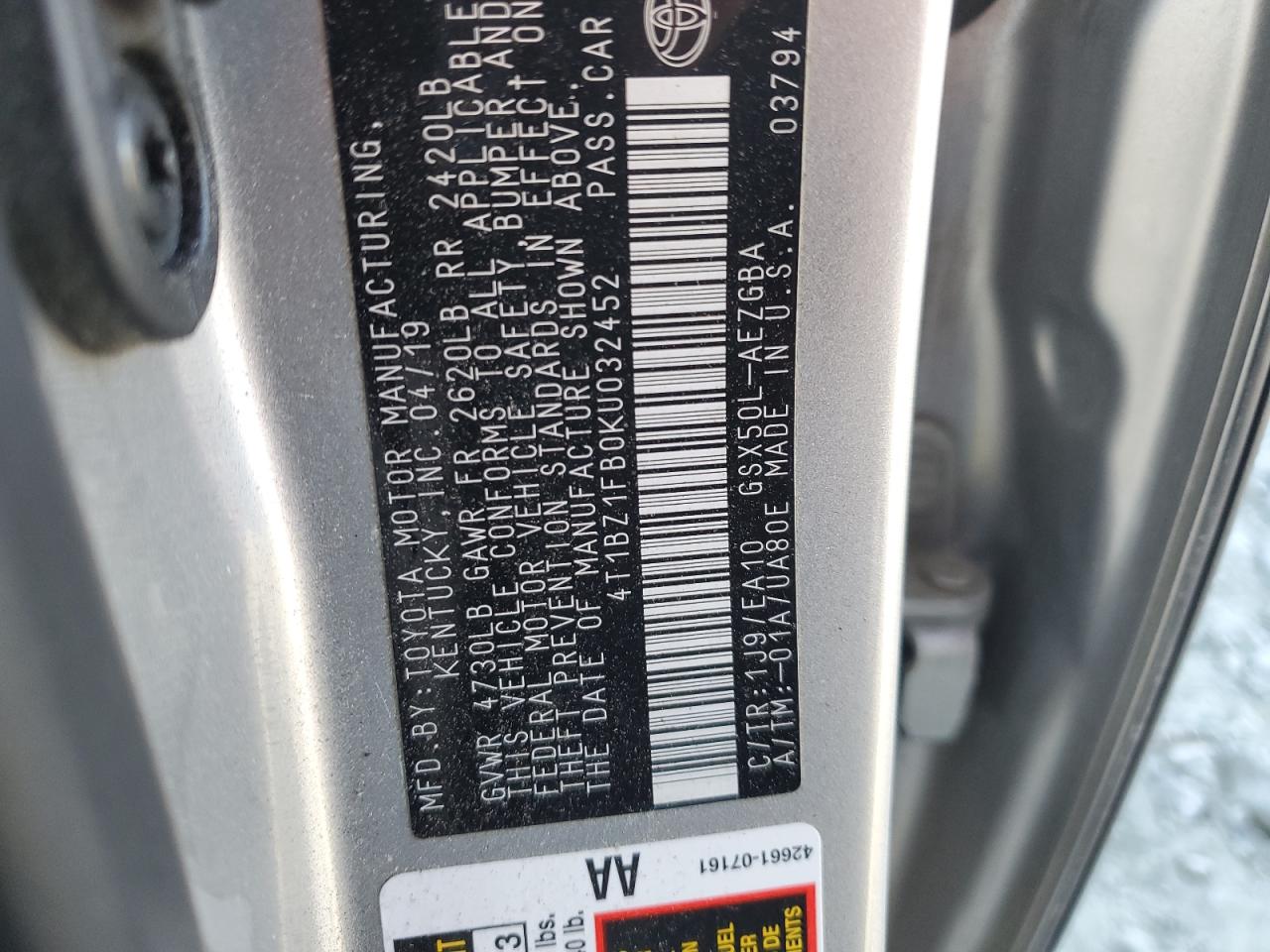 2019 Toyota Avalon Xle VIN: 4T1BZ1FB0KU032452 Lot: 92962235