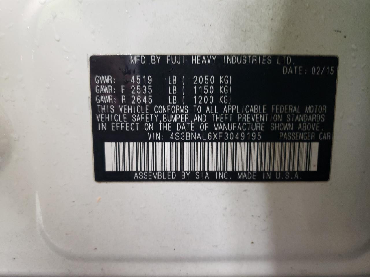 2015 Subaru Legacy 2.5I Limited VIN: 4S3BNAL6XF3049195 Lot: 91387485