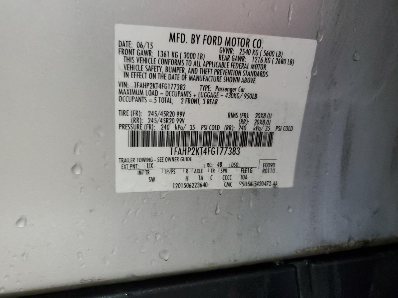 2015 Ford Taurus Sho VIN: 1FAHP2KT4FG177383 Lot: 92490325