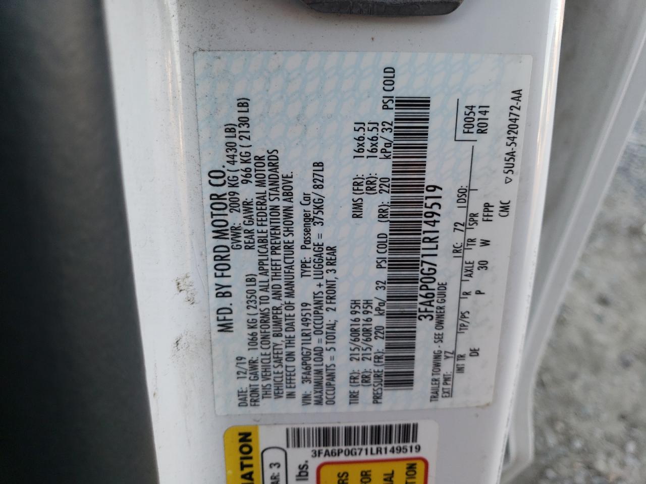 2020 Ford Fusion S VIN: 3FA6P0G71LR149519 Lot: 91413105