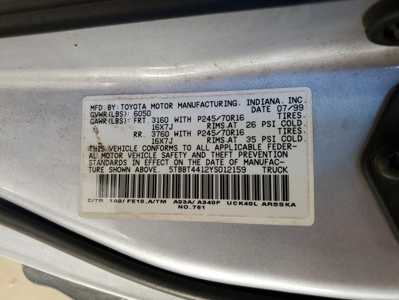 2000 Toyota Tundra Access Cab VIN: 5TBBT4412YS012159 Lot: 93452715
