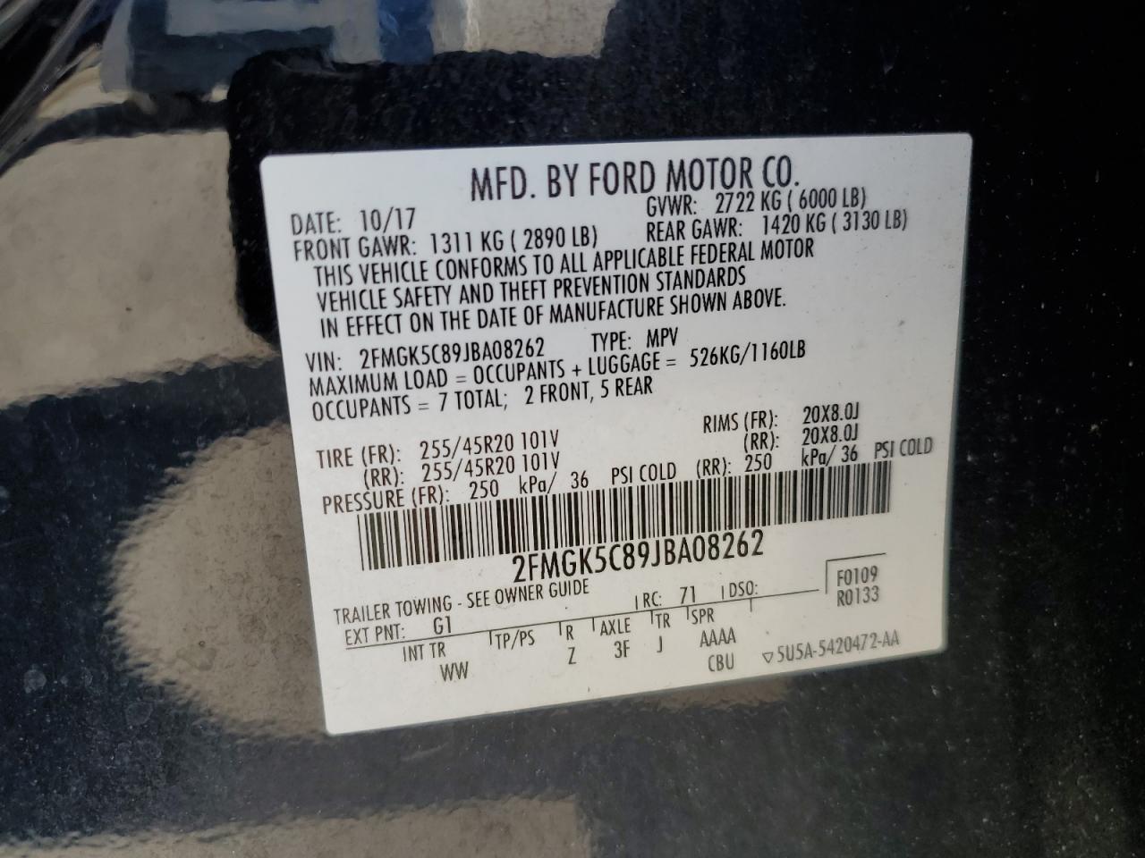 2018 Ford Flex Sel VIN: 2FMGK5C89JBA08262 Lot: 91829695