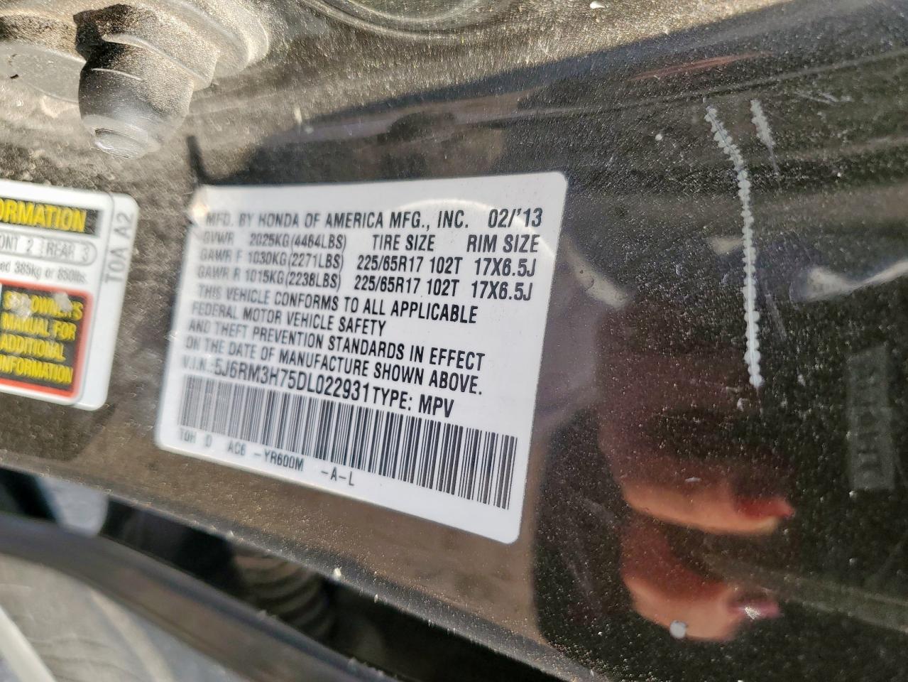 2013 Honda Cr-V Exl VIN: 5J6RM3H75DL022931 Lot: 90493675