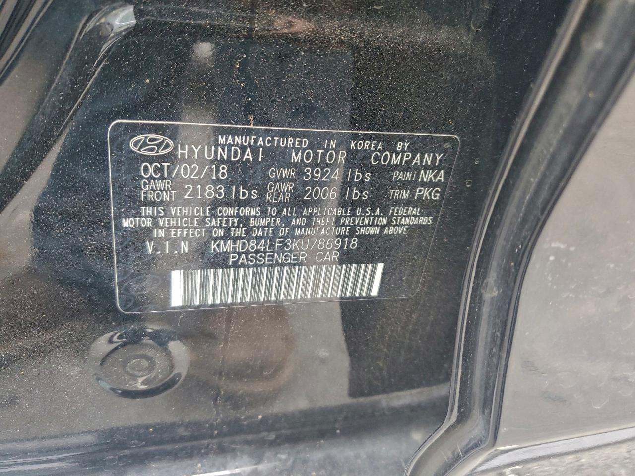 2019 Hyundai Elantra Sel VIN: KMHD84LF3KU786918 Lot: 94083655