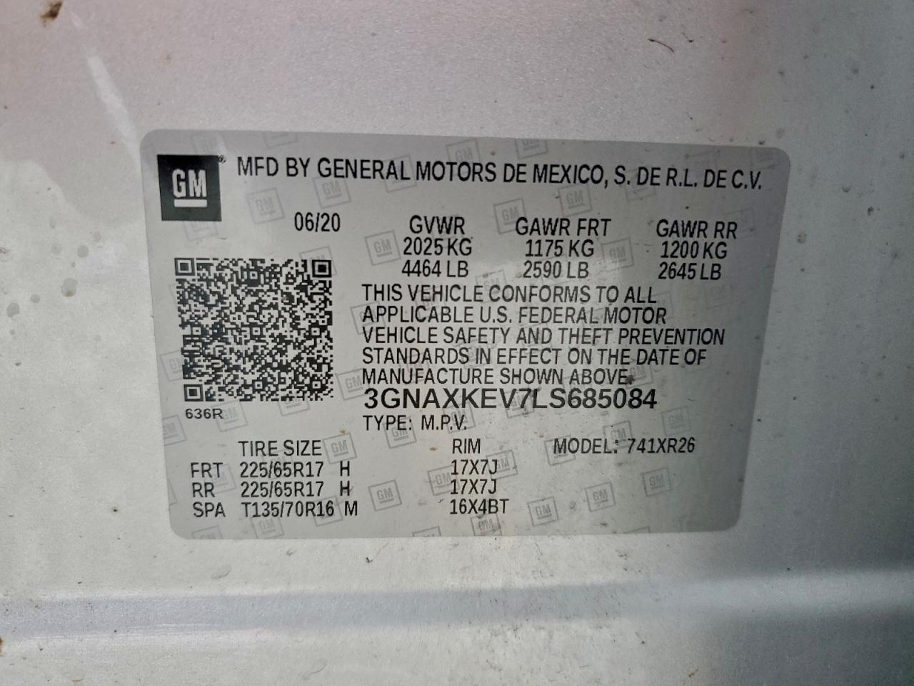 2020 Chevrolet Equinox Lt VIN: 3GNAXKEV7LS685084 Lot: 94896375