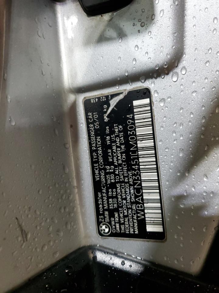 2001 BMW Z3 2.5 VIN: WBACN33451LM03094 Lot: 93132815