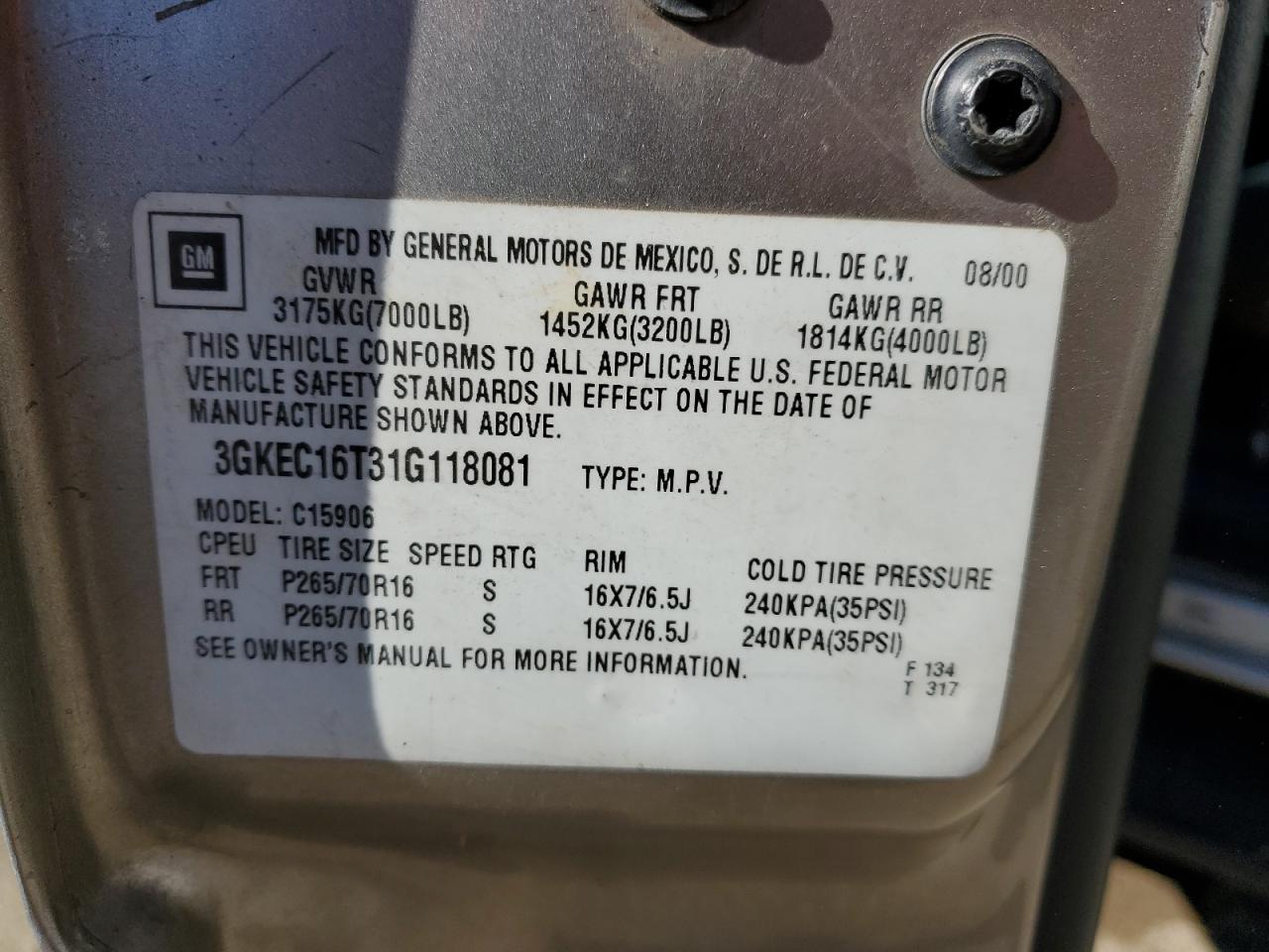 2001 GMC Yukon Xl C1500 VIN: 3GKEC16T31G118081 Lot: 91704025