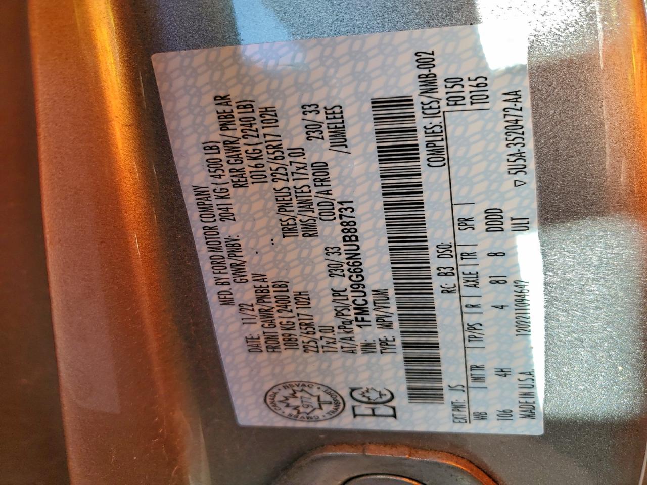 2022 Ford Escape Se VIN: 1FMCU9G66NUB88731 Lot: 94930525