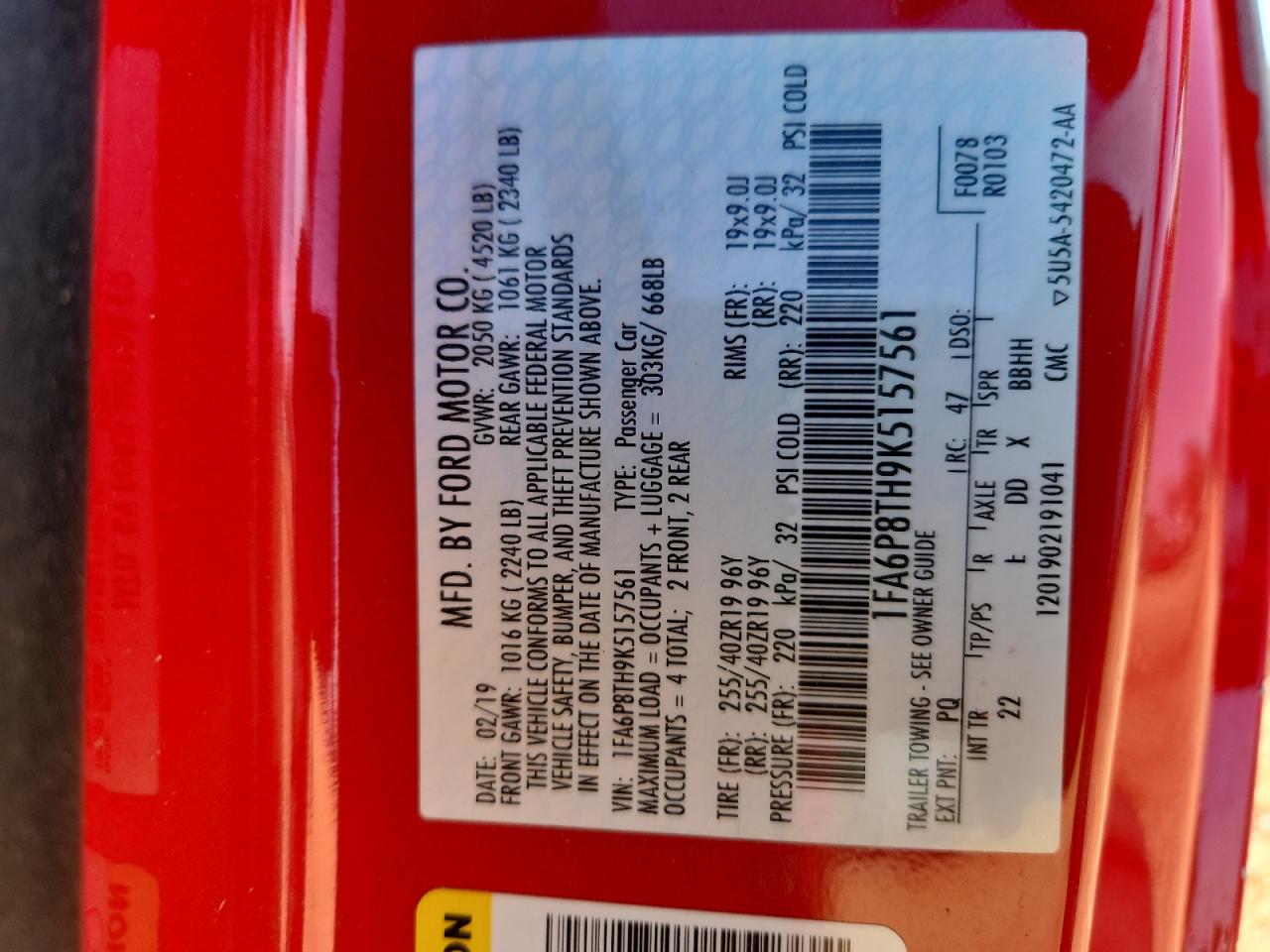 2019 Ford Mustang VIN: 1FA6P8TH9K5157561 Lot: 91942675