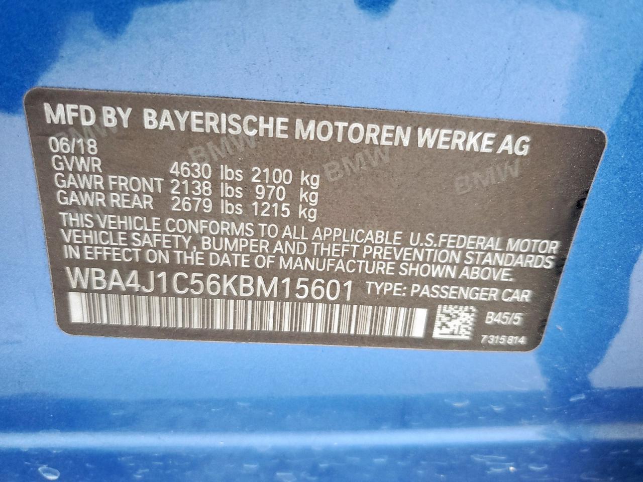 2019 BMW 430I Gran Coupe VIN: WBA4J1C56KBM15601 Lot: 93234625