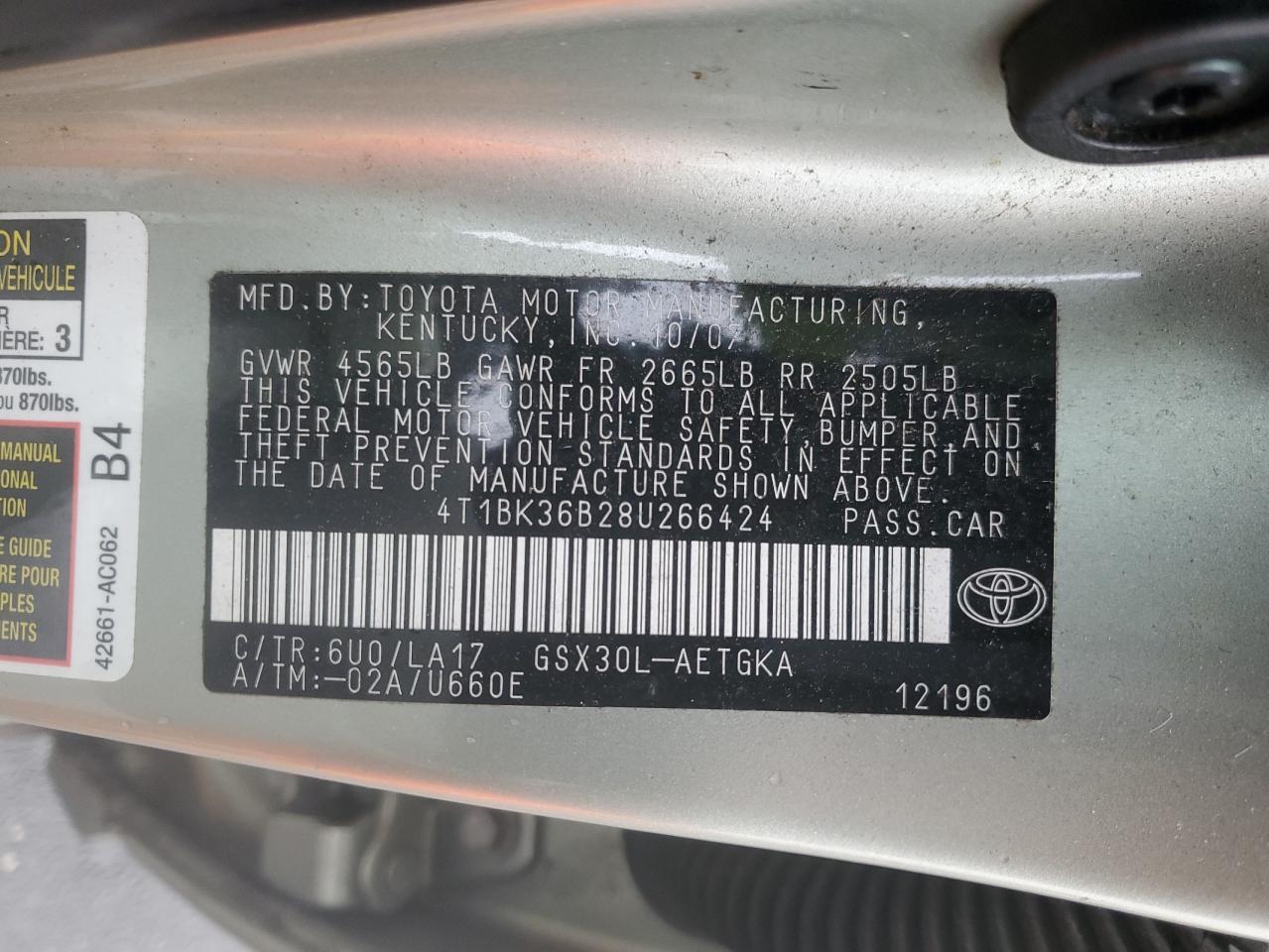 2008 Toyota Avalon Xl VIN: 4T1BK36B28U266424 Lot: 90748895