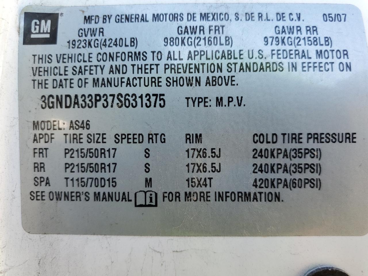 2007 Chevrolet Hhr Lt VIN: 3GNDA33P37S631375 Lot: 92223715