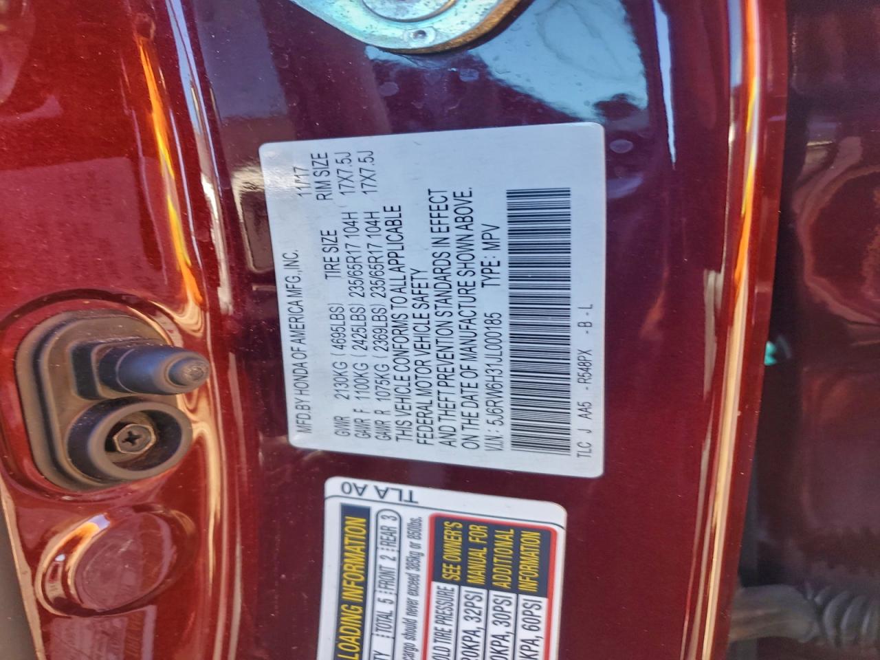 2018 Honda Cr-V Lx VIN: 5J6RW6H31JL000185 Lot: 94420875