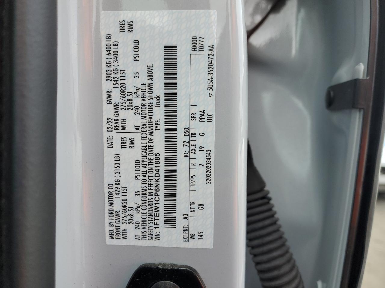 2022 Ford F150 Supercrew VIN: 1FTEW1CP6NKD41885 Lot: 93914235