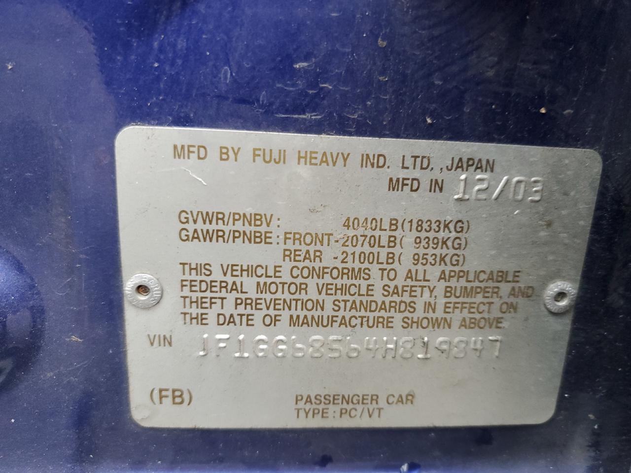 2004 Subaru Impreza Outback Sport VIN: JF1GG68564H819847 Lot: 92122955