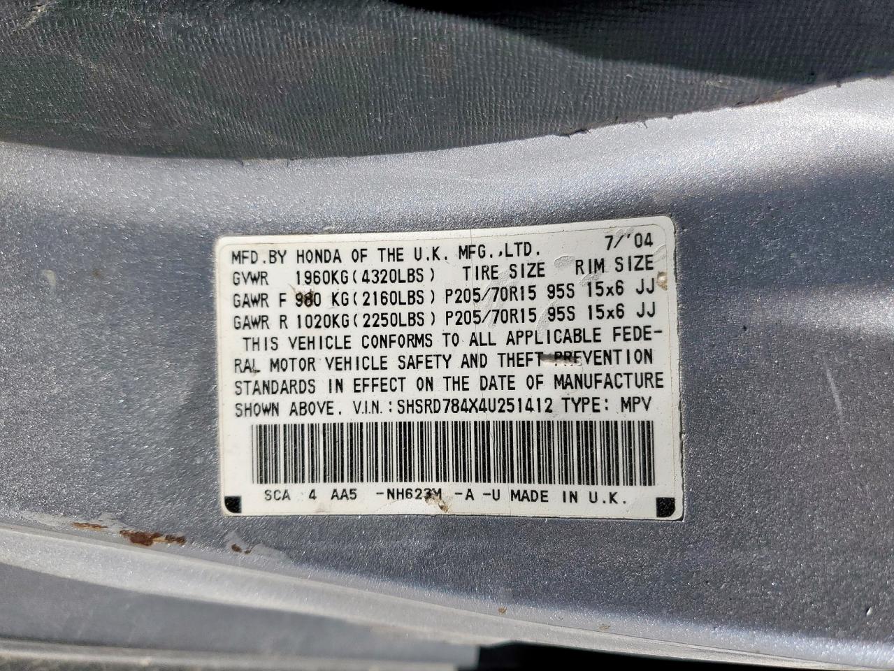 2004 Honda Cr-V Lx VIN: SHSRD784X4U251412 Lot: 91846345