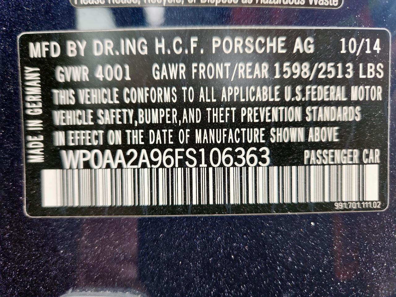 2015 Porsche 911 Carrera VIN: WP0AA2A96FS106363 Lot: 90901195