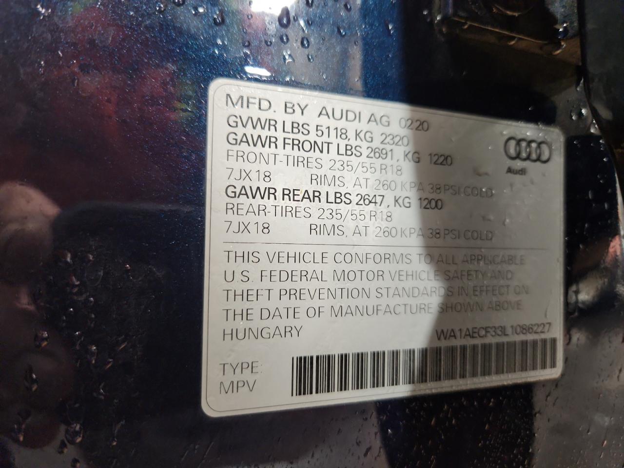 2020 Audi Q3 Premium VIN: WA1AECF33L1086227 Lot: 91190115