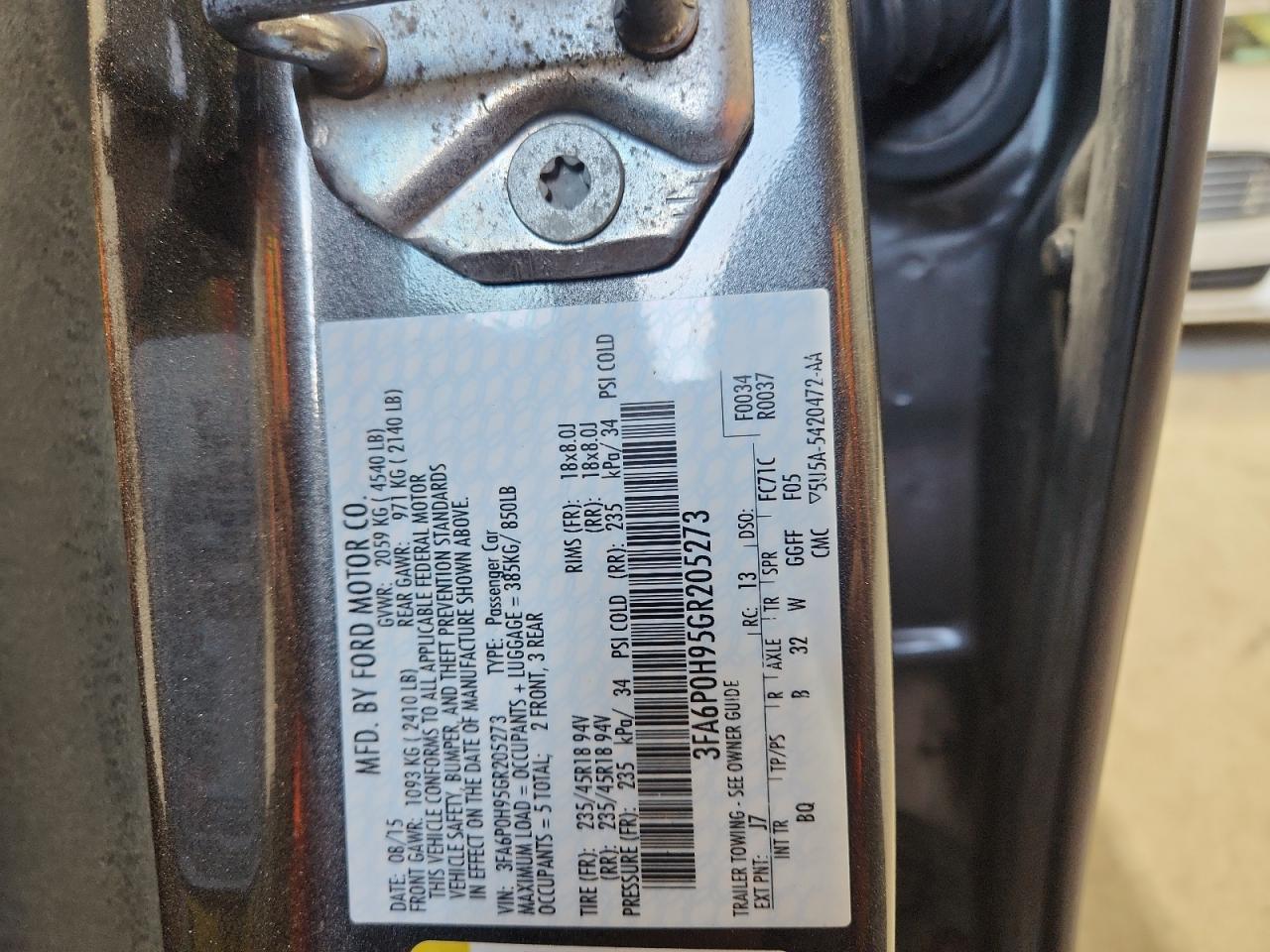 2016 Ford Fusion Se VIN: 3FA6P0H95GR205273 Lot: 92627385