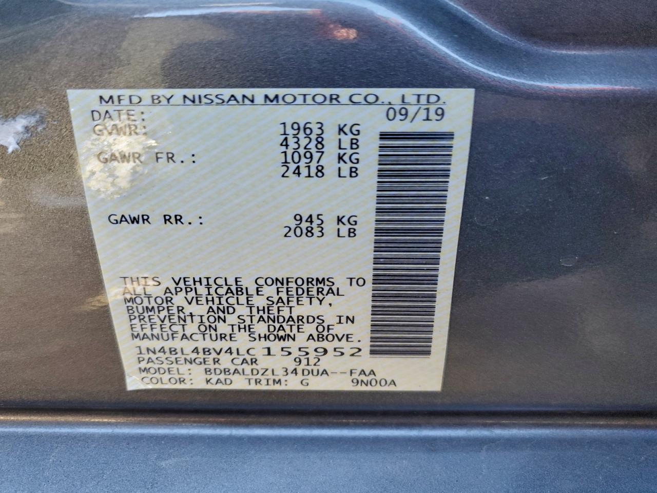 2020 Nissan Altima S VIN: 1N4BL4BV4LC155952 Lot: 93798905