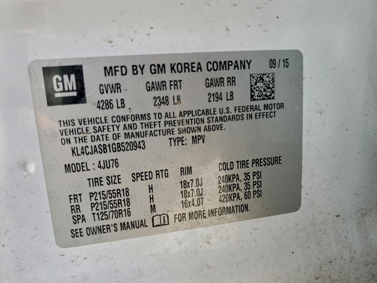 2016 Buick Encore VIN: KL4CJASB1GB520943 Lot: 91855055