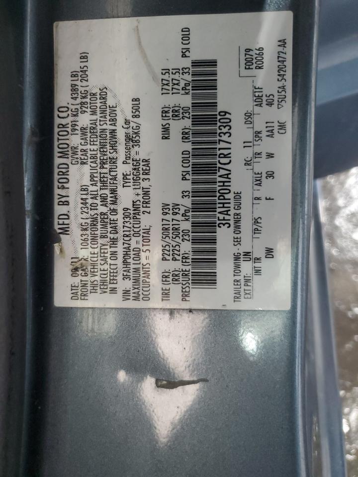 2012 Ford Fusion Se VIN: 3FAHP0HA7CR173309 Lot: 93745195