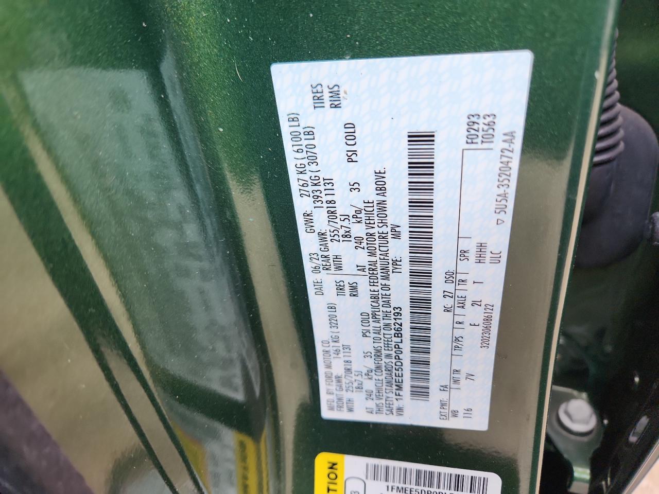 2023 Ford Bronco Base VIN: 1FMEE5DP0PLB62193 Lot: 92440035