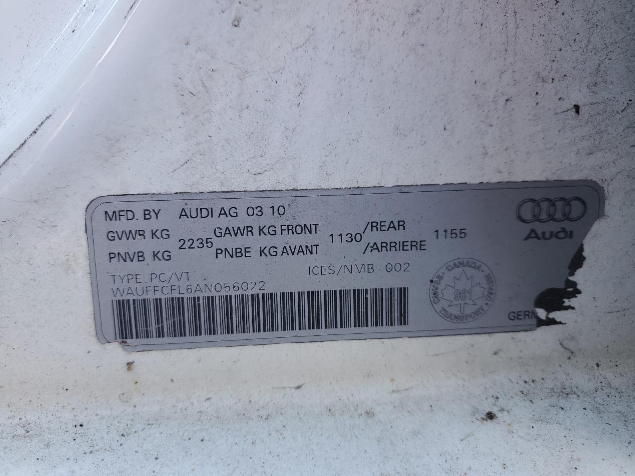 2010 Audi A4 Premium Plus VIN: WAUFFCFL6AN056022 Lot: 90993425