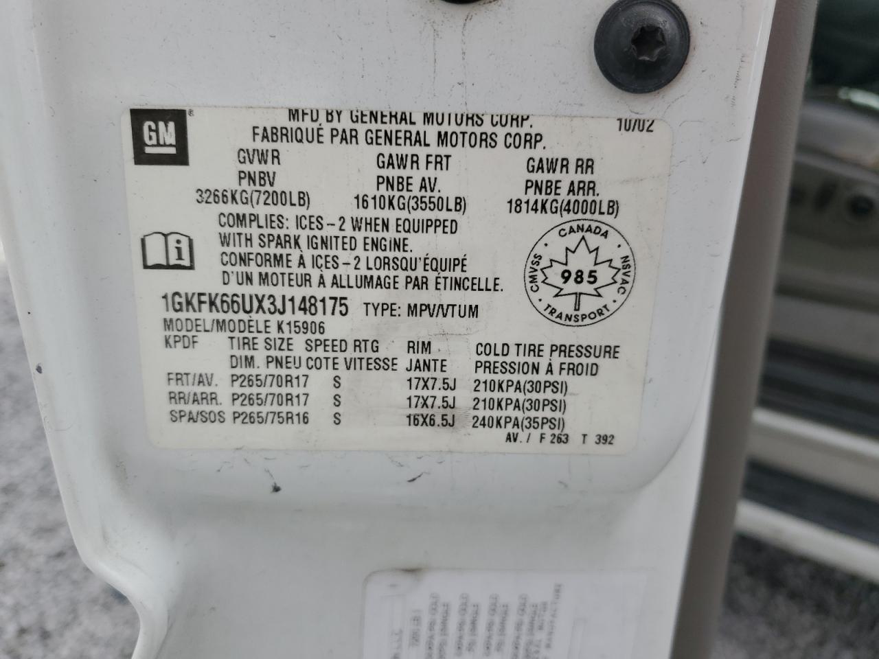 2003 GMC Yukon Xl Denali VIN: 1GKFK66UX3J148175 Lot: 90707825