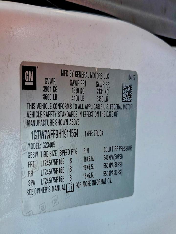 2017 GMC Savana Utility / Service Van VIN: 1GTW7AFF9H1911554 Lot: 93756855