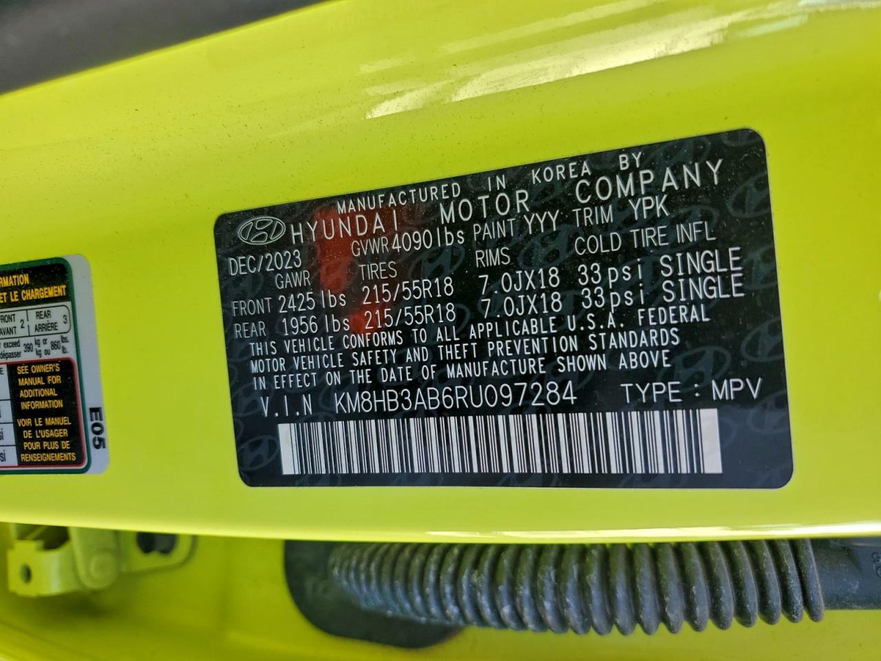 2024 Hyundai Kona Sel VIN: KM8HB3AB6RU097284 Lot: 93773695