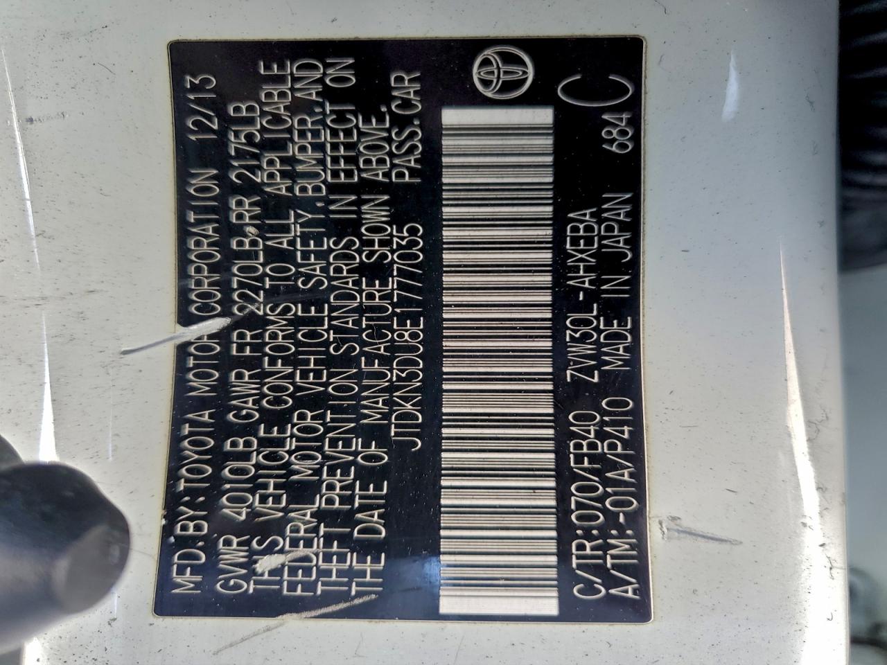 2014 Toyota Prius VIN: JTDKN3DU8E1777035 Lot: 92764135